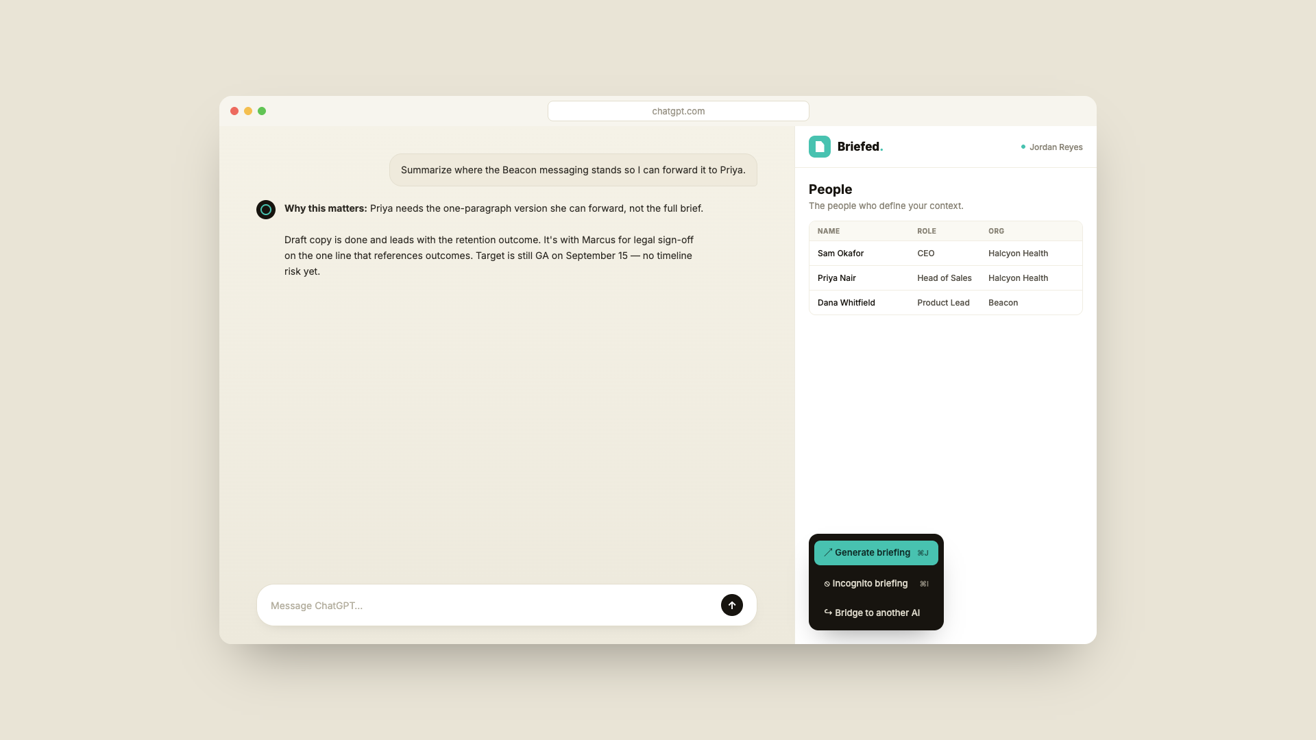 ChatGPT summarizing the Beacon messaging status to forward to a colleague