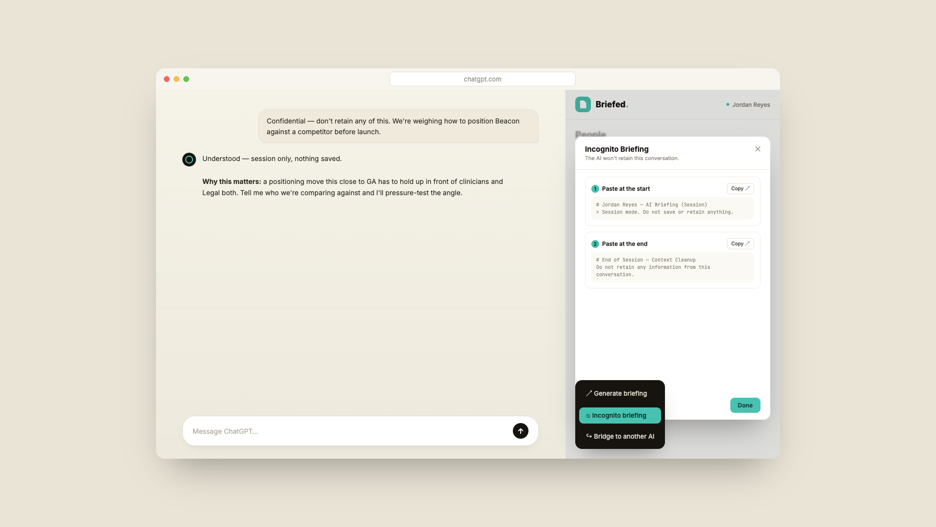 Incognito Briefing modal for a confidential competitive positioning discussion
