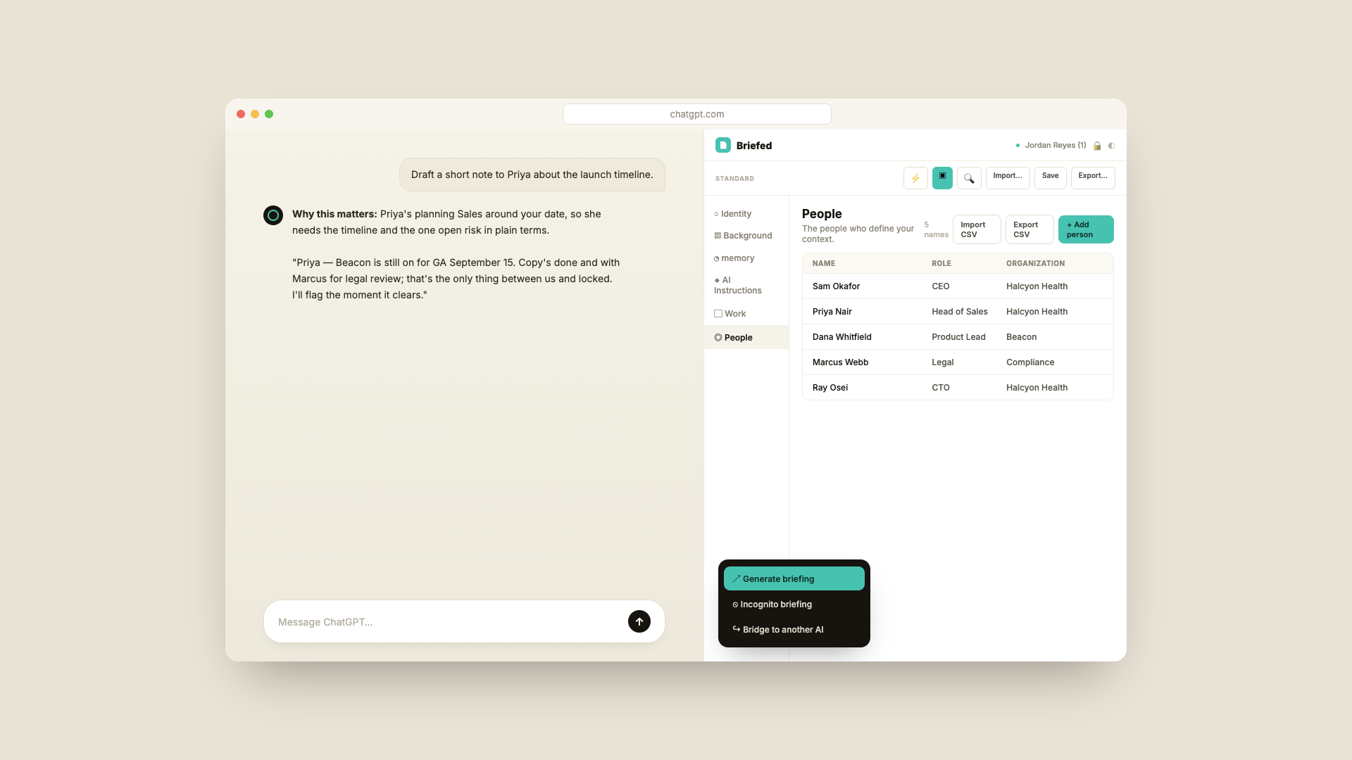 People page used to draft a note to a colleague about the launch timeline