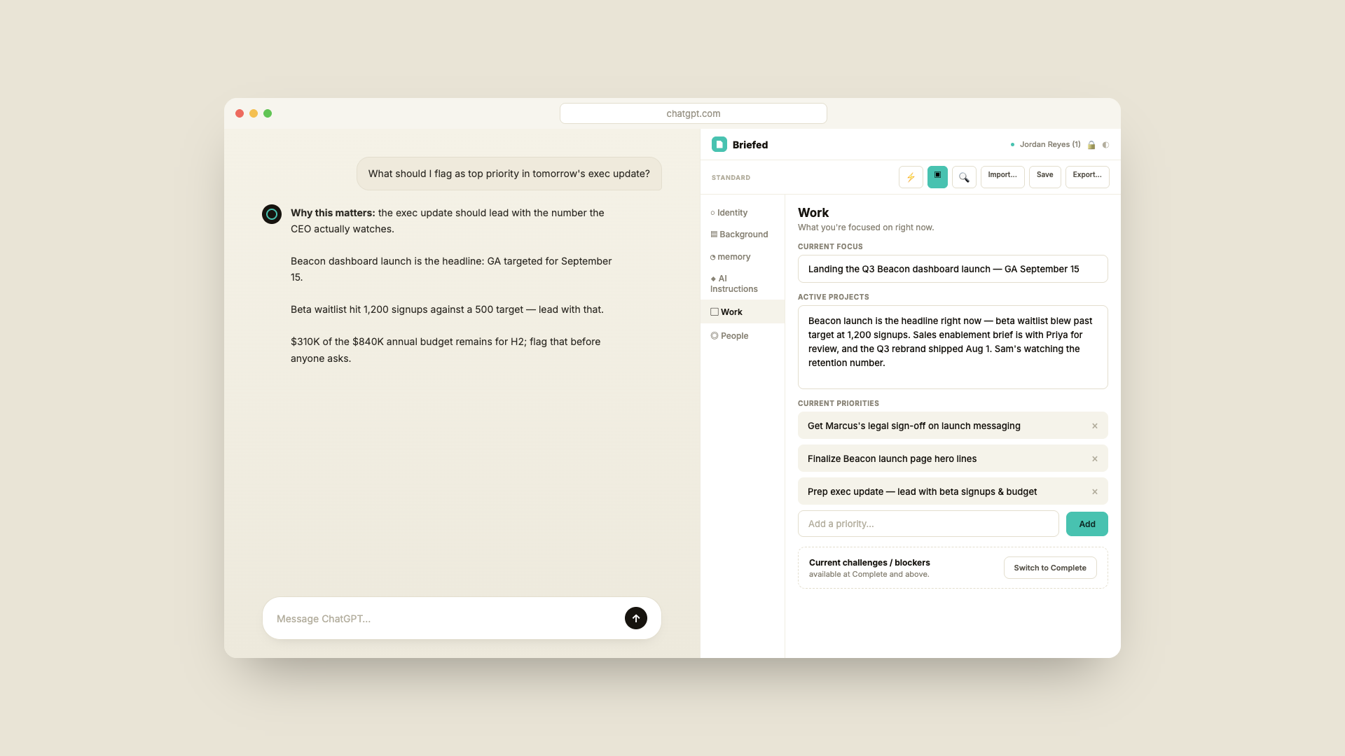Work section used to prep an executive update